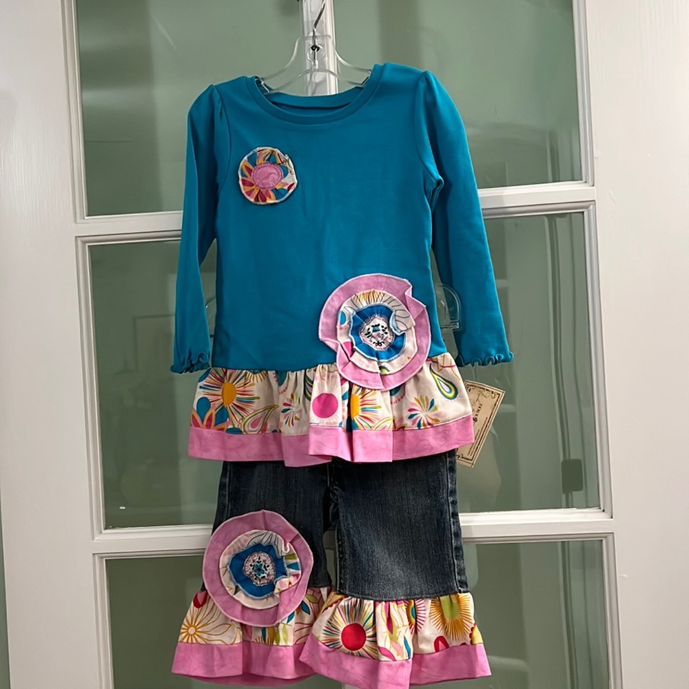New Redesigned Girl’s Size 18 Months T-shirt and Upcycled Denim Jeans